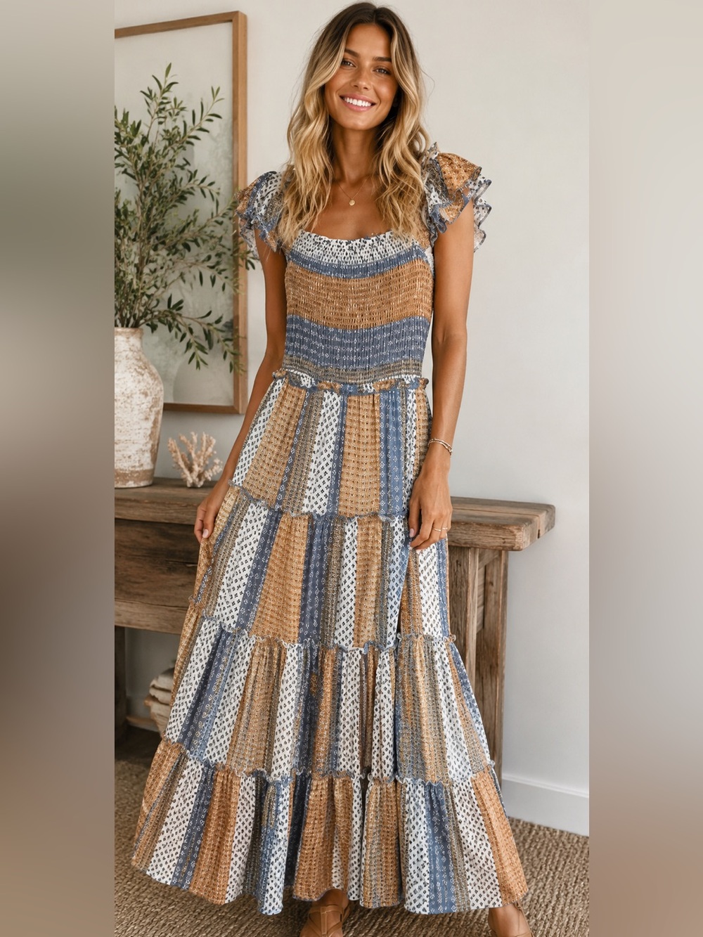 Sweet Lemon Smocked Patchwork Maxi Dress NWT Boho Flutter Sleeve Cottagecore S